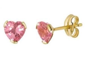 geelgouden oorbellen hart met roze zirkonia 5mm