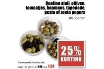 qualino aioli olijven tomaatjes houmous tapenade pesto of zoete pepers