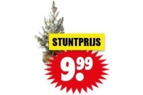 kerstboom met lampjes in mand met bontrand