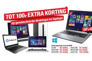 tot en euro 100 korting op geselecteerde desktops en laptops