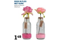roos in fles met kruk diverse kleuren 30x9 cm