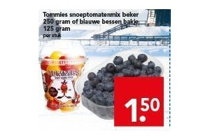 tommels snoeptomatenmix beker 250 gram of blauwe belssen bakje 126 gram voor en euro 1 50