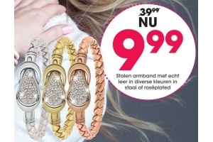 stalen armband met echt leer in staal of ros en eacute plated