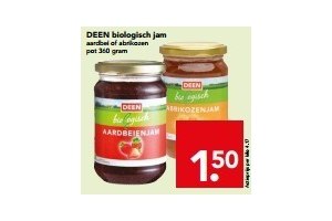 deen biologisch jam aardbei of abrikozen pot 360 gram