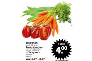 snijbonen roma tomaten of bospeen