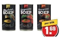 mosterdsoep met kaas en witte port gazpachosoep met komkommer of pompoensoep met paprika