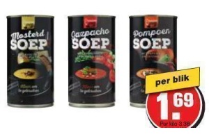 mosterdsoep met kaas en witte port gazpachosoep met komkommer of pompoensoep met paprika