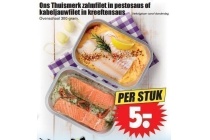 ons thuismerk zalmfilet in pestosaus of kabeljauwfilet in kreeftensaus