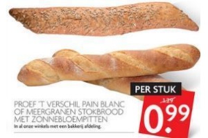 proef t verschil pain blanc of meergranen stokbrood met zonnebloempitten
