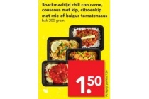 snackmaaltijd chili con carne couscous met kip citroenkip met mie of bulgur tomatensaus