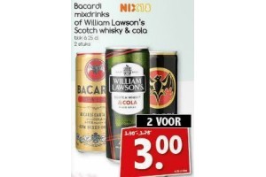 bacardi mixdrinks of william lwason s scotch whisky en cola