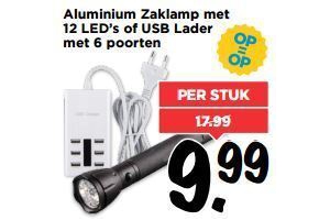 aluminium zaklamp met 12 led s of usb lader met 6 poorten