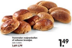 trommelen rozijnenbollen of volkoren broodjes