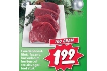 eendenborstfilet fazant hazenbout herten of struifvogelbiefstuk