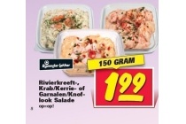 rivierkreeft krab kerrie of garnalen knoflook salade