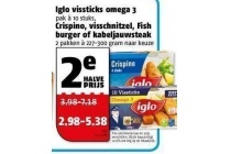 iglo vissticks omega 3 crispino visschnitzel fish burger of kabeljauwsteak