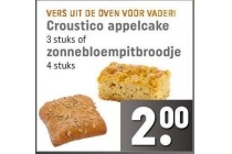 croustico appelcak of zonnebloempitbroodje