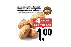 versgebakken speltbroodjes desembroodjes meergranen zonnepit of witte pistoletjes