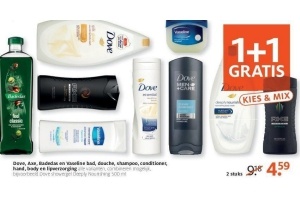 dove axe badedas en vaseline bad douche shampoo conditioner hand body en lipverzorging