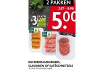 runderharmburgers slavinken of sateschnitzels