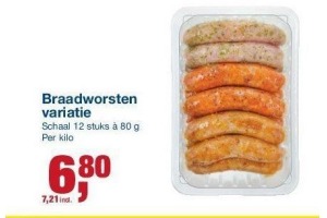 braadworsten variatie nu eur6 80 per stuk