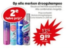 2e halve prijs op alle merken droogshampoo