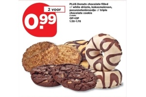 plus donuts chocolate filled of white drizzle kokosmakroon pecanbroodje of tripple chocolate cookie