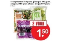 soepgroenten 350 gram ijsbergsla 100 gram snipperui 150 gram of rode bietjes 500 gram