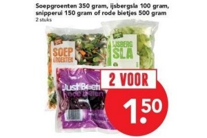 soepgroenten 350 gram ijsbergsla 100 gram snipperui 150 gram of rode bietjes 500 gram
