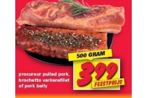 procureur pulled pork brochetto varkensfilet of pork belly