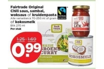 fairtrade original kokosmelk sweet chili saus sambal woksaus of kruidenpasta