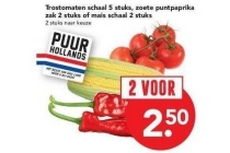 trostomaten schaal 5 stuks zoete puntpaprika zak 2 stuks of mais schaal 2 stuks