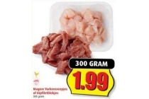 magere varkensreepjes of kipfiletblokjes