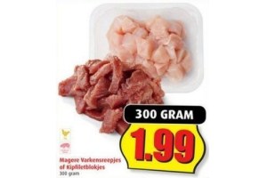 magere varkensreepjes of kipfiletblokjes
