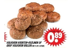 volkoren krenten rozijn of grof volkoren bollen nu eur0 89 per stuk