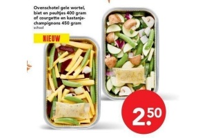 ovenschotel gele wortel biet en peultjes 400 gram of courgette en kastanjechampignons 450 gram