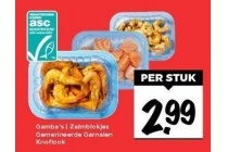gamba s zalmblokjes en gemarineerde garnalen knoflook