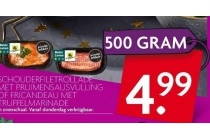 schouderfiletrollade met pruimensausvulling of fricandeau met truffelmarinade