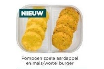 plus feestmoment pompoen zoete aardappel en mais wortel burger