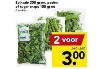 spinazie 300 gram peulen of sugar snaps 150 gram