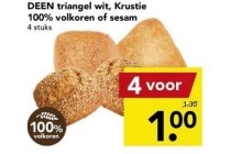 deen triangel wit krustie 100 volkoren of sesam 4 stuks