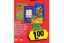 g woon bloemkool of broccoli of bio rode kool met appel erwten zeer fijn of spinazie a la creme